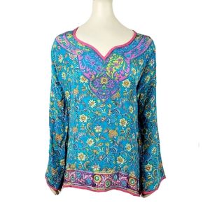 Tolani Anthropology Silk Boho Floral Blouse Bell Sleeves